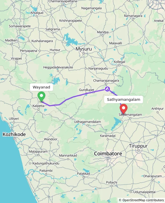 Route map showing distance and travel time from Wayanad, India to Sathyamangalam, India