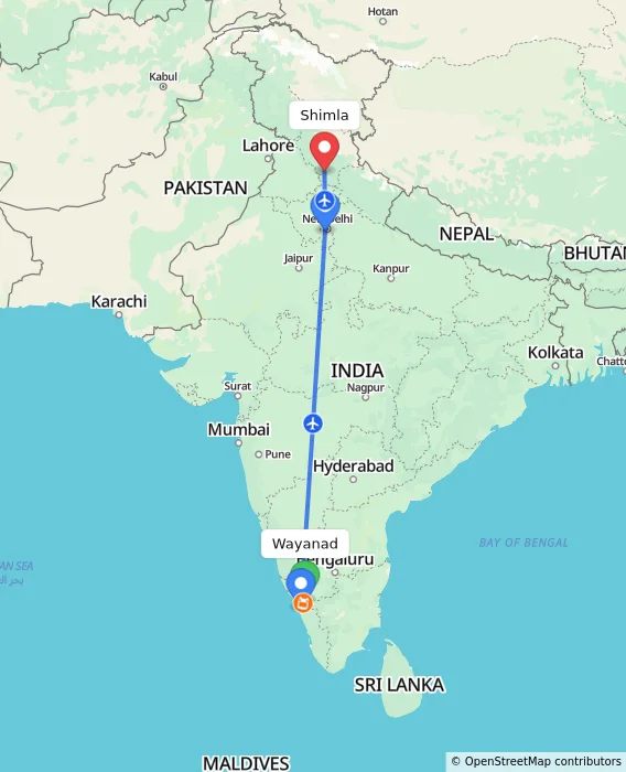 Route map showing distance and travel time from Wayanad, India to Shimla, India