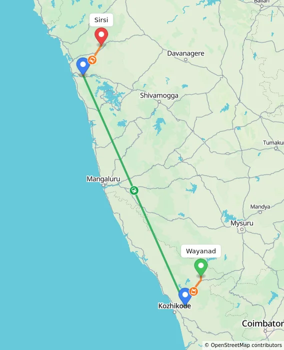 Route map showing distance and travel time from Wayanad, India to Sirsi, India