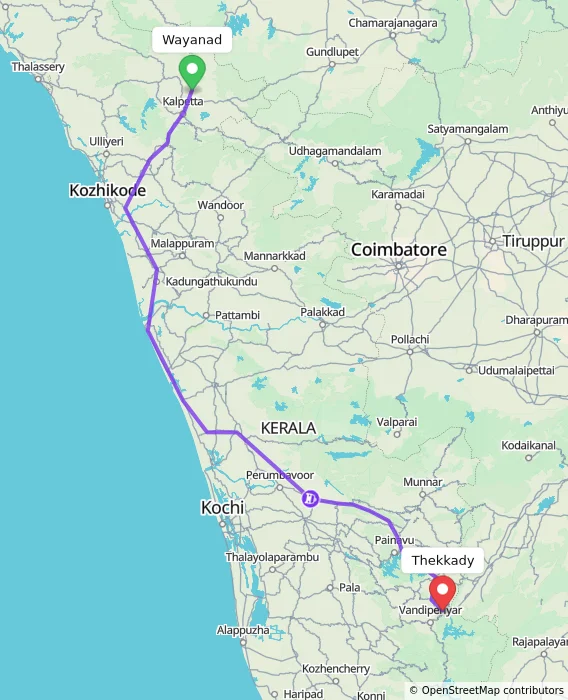 Route map showing distance and travel time from Wayanad, India to Thekkady, India