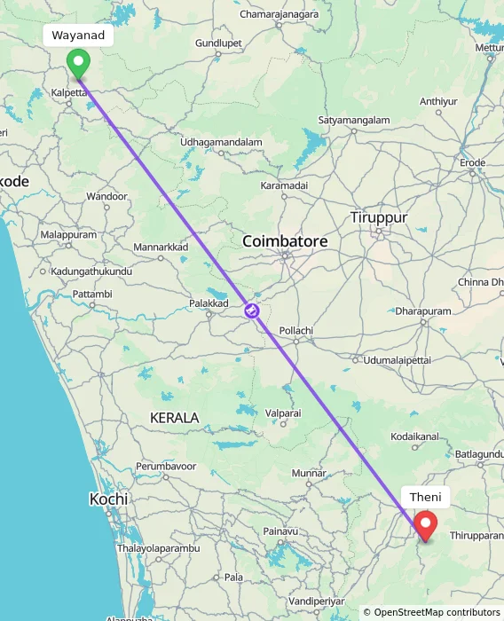 Route map showing distance and travel time from Wayanad, India to Theni, India