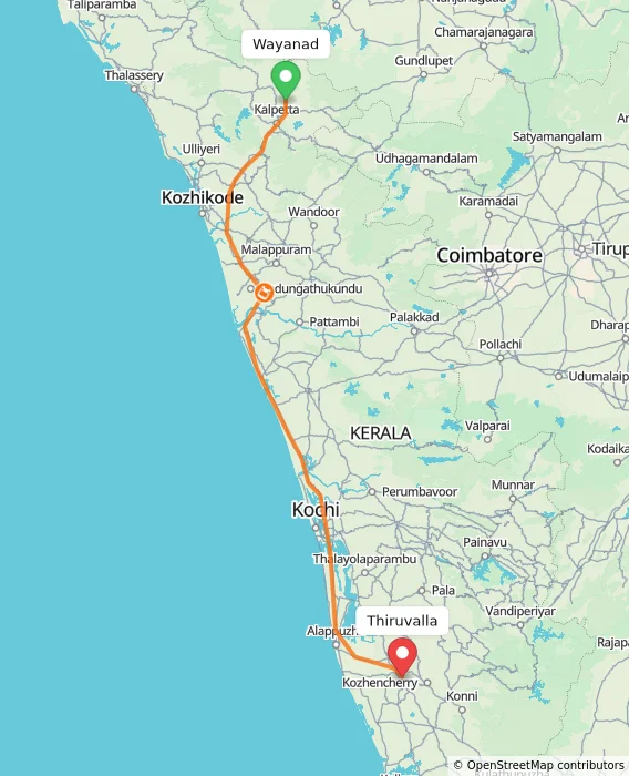 Route map showing distance and travel time from Wayanad, India to Thiruvalla, India