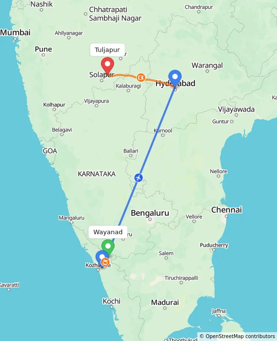 Route map showing distance and travel time from Wayanad, India to Tuljapur, India
