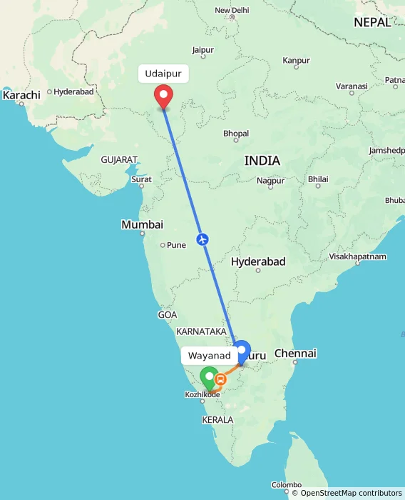Route map showing distance and travel time from Wayanad, India to Udaipur, India
