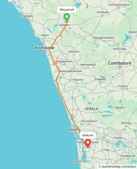 Route map showing distance and travel time from Wayanad, India to Vaikom, India