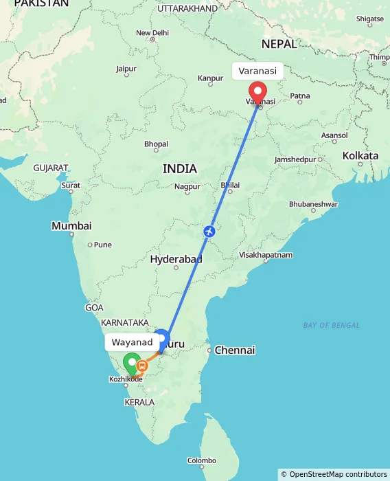 Route map showing distance and travel time from Wayanad, India to Varanasi, India