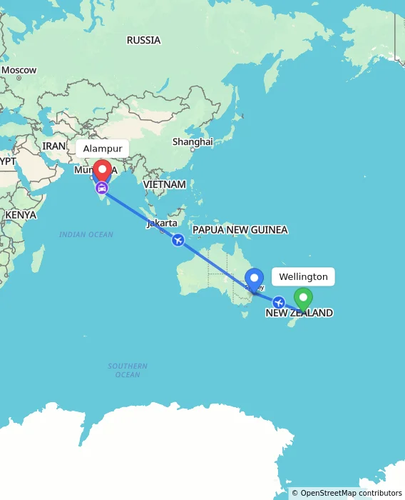 Route map showing distance and travel time from Wellington, New Zealand to Alampur, India