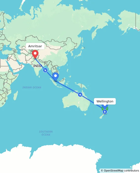 Route map showing distance and travel time from Wellington, New Zealand to Amritsar, India