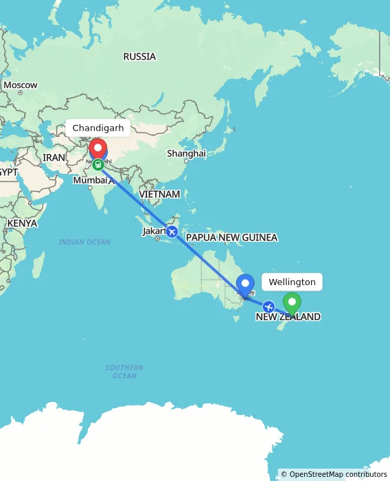 Route map showing distance and travel time from Wellington, New Zealand to Chandigarh, India