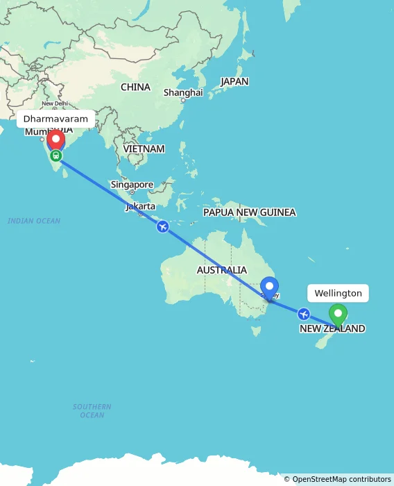 Route map showing distance and travel time from Wellington, New Zealand to Dharmavaram, India