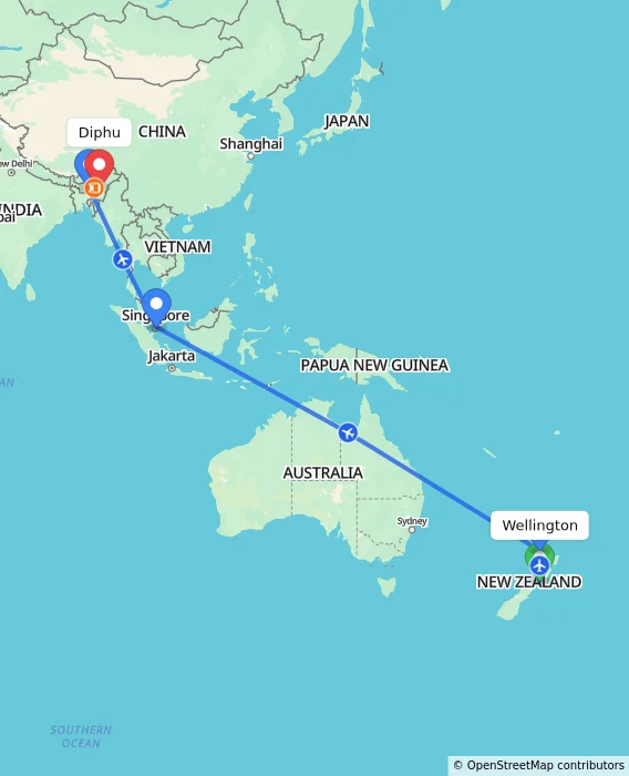 Route map showing distance and travel time from Wellington, New Zealand to Diphu, India