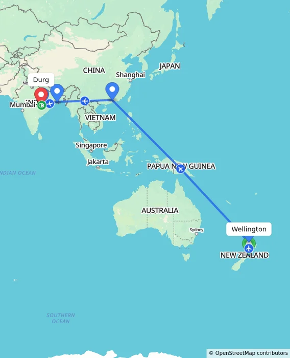 Route map showing distance and travel time from Wellington, New Zealand to Durg, India
