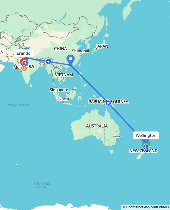 Route map showing distance and travel time from Wellington, New Zealand to Erandol, India