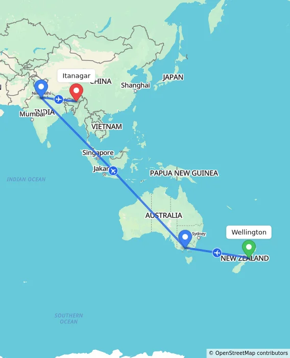 Route map showing distance and travel time from Wellington, New Zealand to Itanagar, India