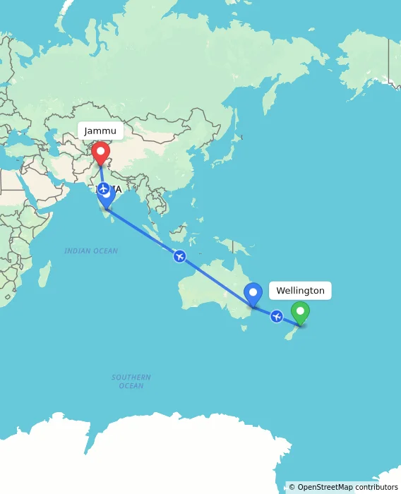 Route map showing distance and travel time from Wellington, New Zealand to Jammu, India