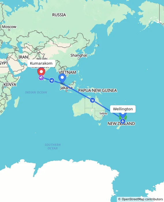 Route map showing distance and travel time from Wellington, New Zealand to Kumarakom, India
