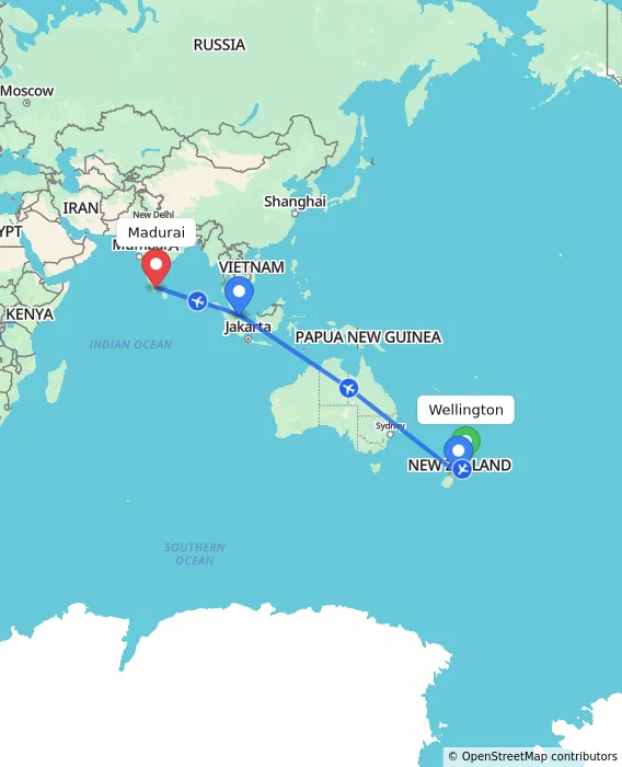 Route map showing distance and travel time from Wellington, New Zealand to Madurai, India