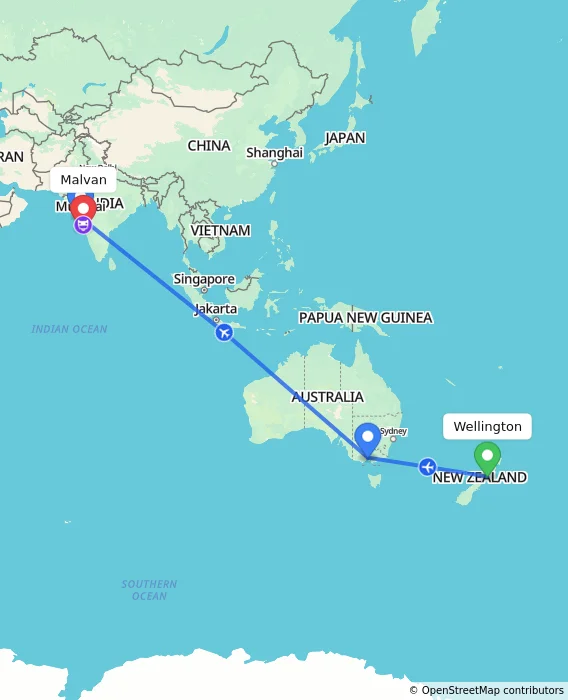 Route map showing distance and travel time from Wellington, New Zealand to Malvan, India