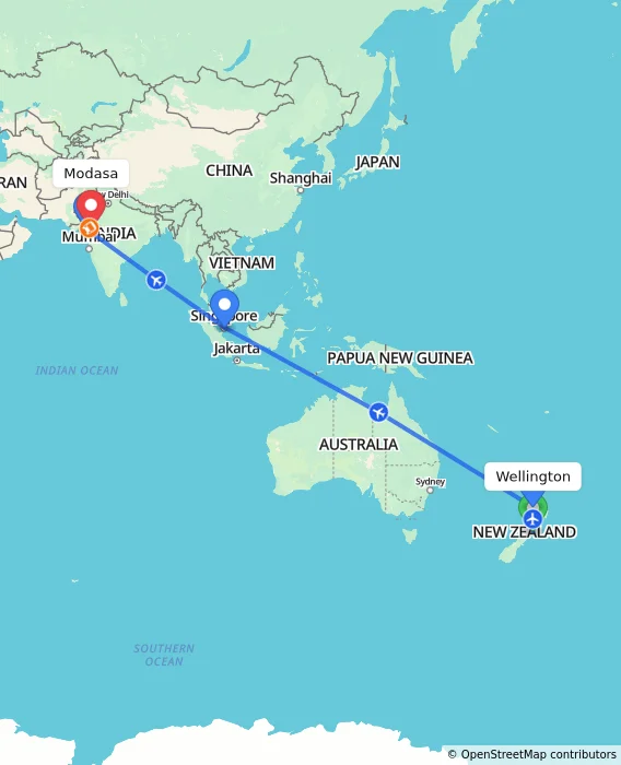 Route map showing distance and travel time from Wellington, New Zealand to Modasa, India