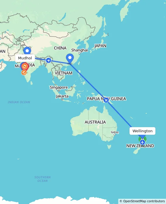 Route map showing distance and travel time from Wellington, New Zealand to Mudhol, India