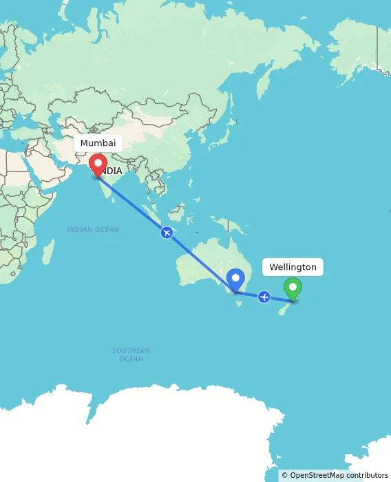 Route map showing distance and travel time from Wellington, New Zealand to Mumbai, India