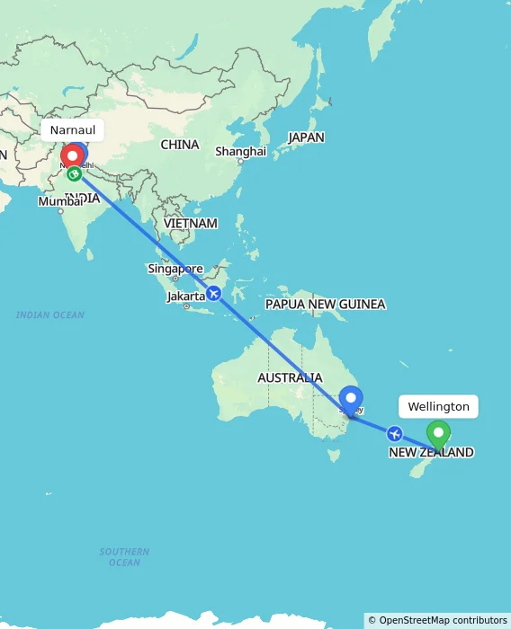 Route map showing distance and travel time from Wellington, New Zealand to Narnaul, India