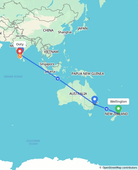 Route map showing distance and travel time from Wellington, New Zealand to Ooty, India