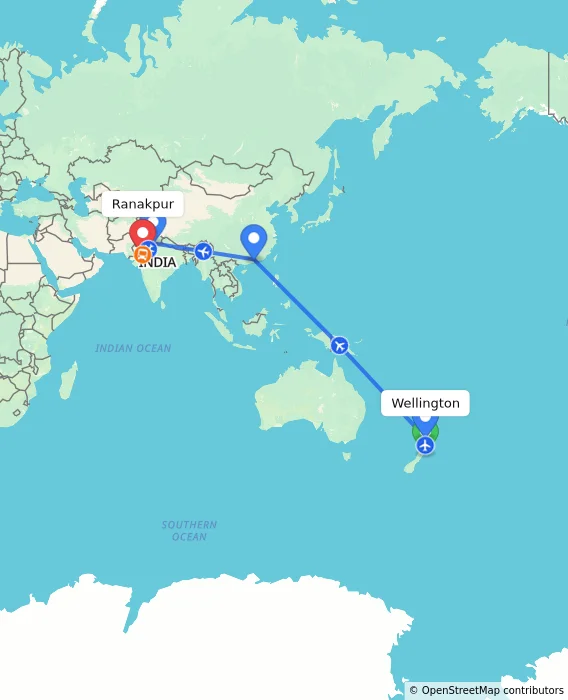 Route map showing distance and travel time from Wellington, New Zealand to Ranakpur, India