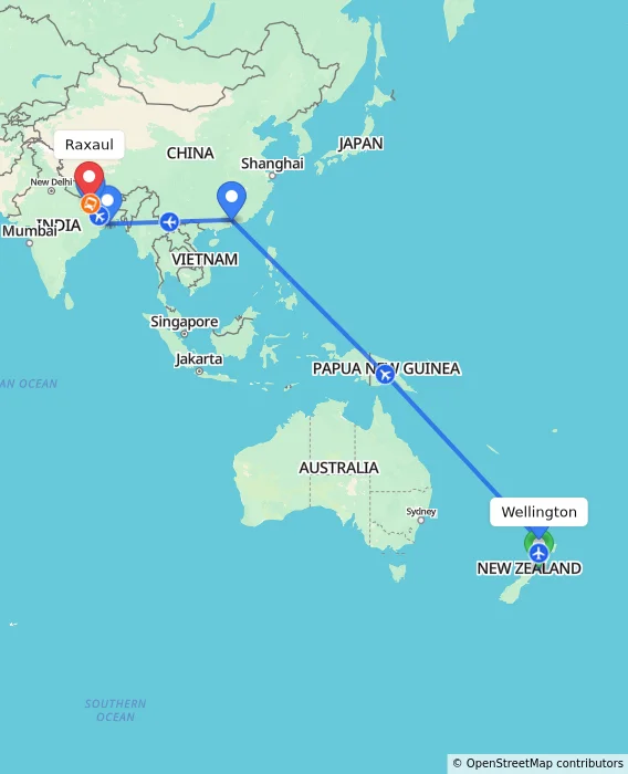 Route map showing distance and travel time from Wellington, New Zealand to Raxaul, India