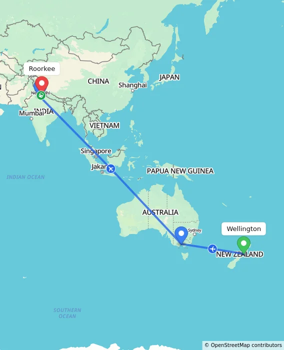 Route map showing distance and travel time from Wellington, New Zealand to Roorkee, India