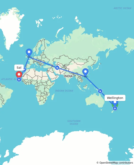 Route map showing distance and travel time from Wellington, New Zealand to Sal, Cape Verde