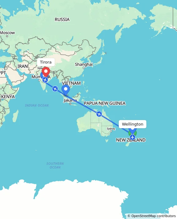 Route map showing distance and travel time from Wellington, New Zealand to Tirora, India