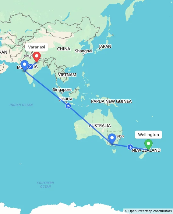 Route map showing distance and travel time from Wellington, New Zealand to Varanasi, India