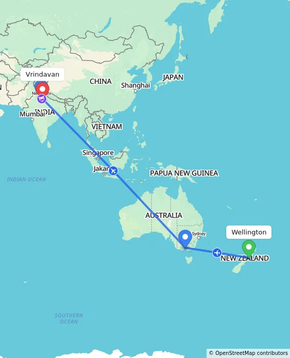 Route map showing distance and travel time from Wellington, New Zealand to Vrindavan, India