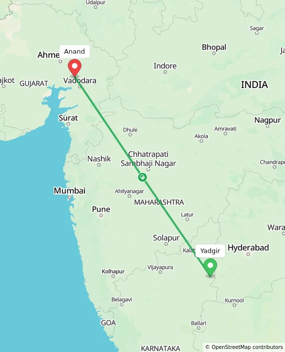 Route map showing distance and travel time from Yadgir, India to Anand, India