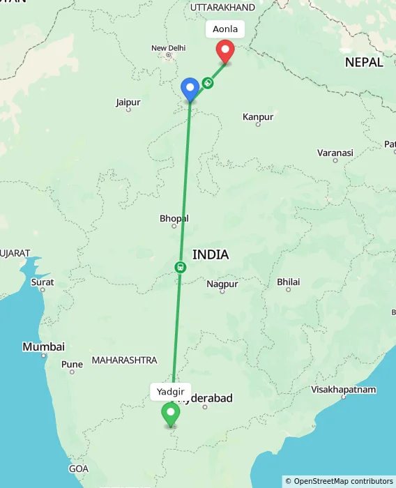 Route map showing distance and travel time from Yadgir, India to Aonla, India