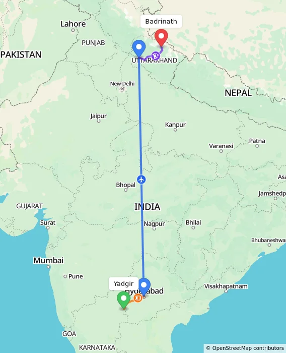 Route map showing distance and travel time from Yadgir, India to Badrinath, India