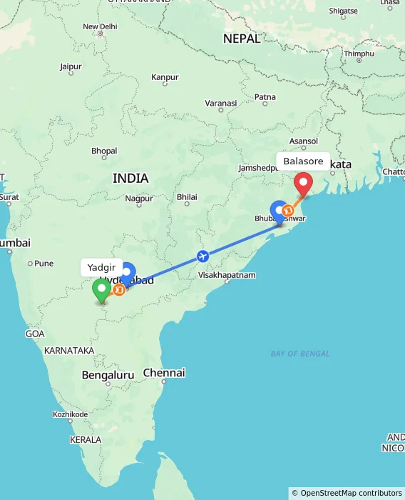 Route map showing distance and travel time from Yadgir, India to Balasore, India