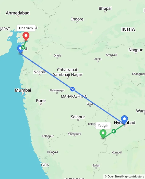 Route map showing distance and travel time from Yadgir, India to Bharuch, India