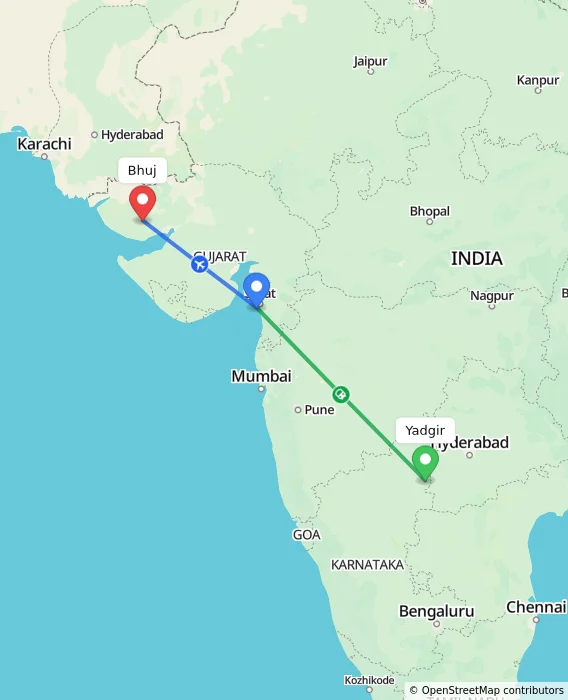 Route map showing distance and travel time from Yadgir, India to Bhuj, India
