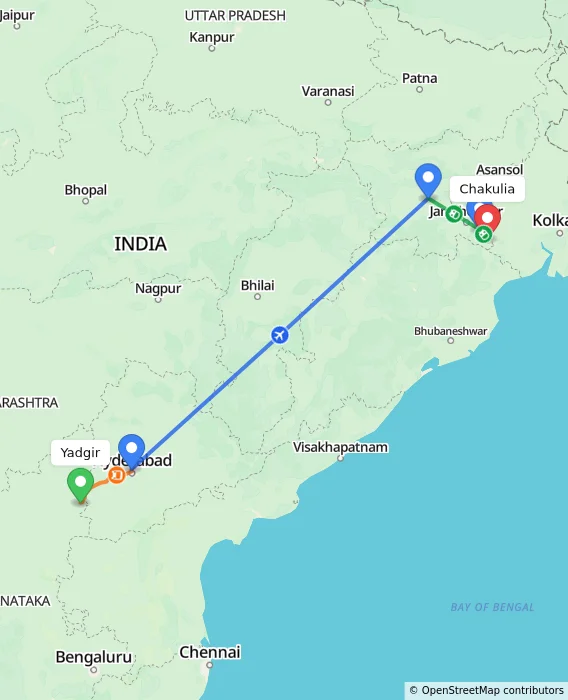 Route map showing distance and travel time from Yadgir, India to Chakulia, India
