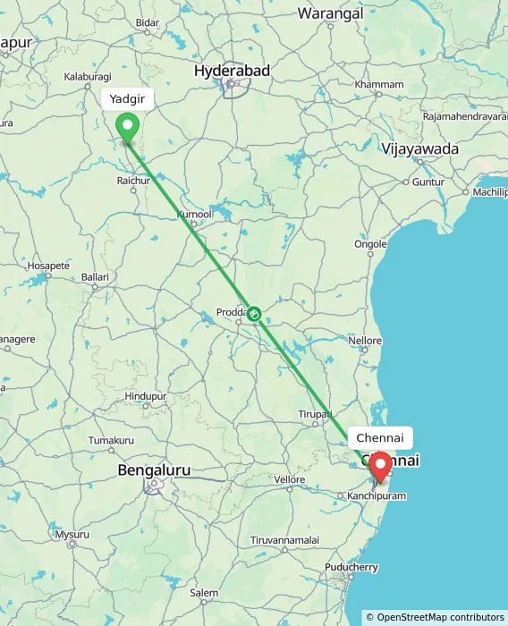 Route map showing distance and travel time from Yadgir, India to Chennai, India