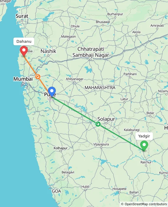 Route map showing distance and travel time from Yadgir, India to Dahanu, India