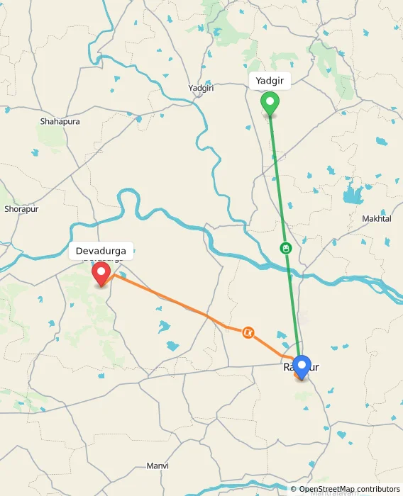 Route map showing distance and travel time from Yadgir, India to Devadurga, India