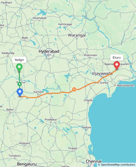 Route map showing distance and travel time from Yadgir, India to Eluru, India