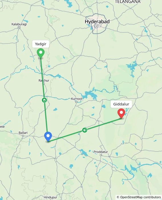 Route map showing distance and travel time from Yadgir, India to Giddalur, India
