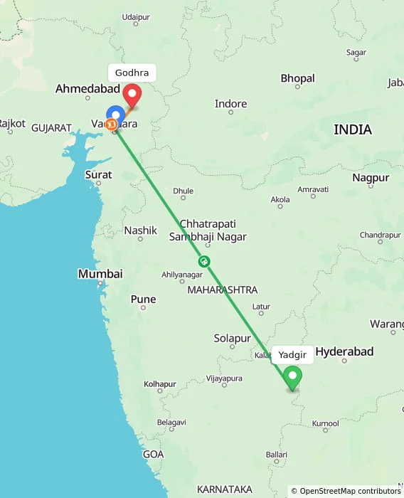 Route map showing distance and travel time from Yadgir, India to Godhra, India