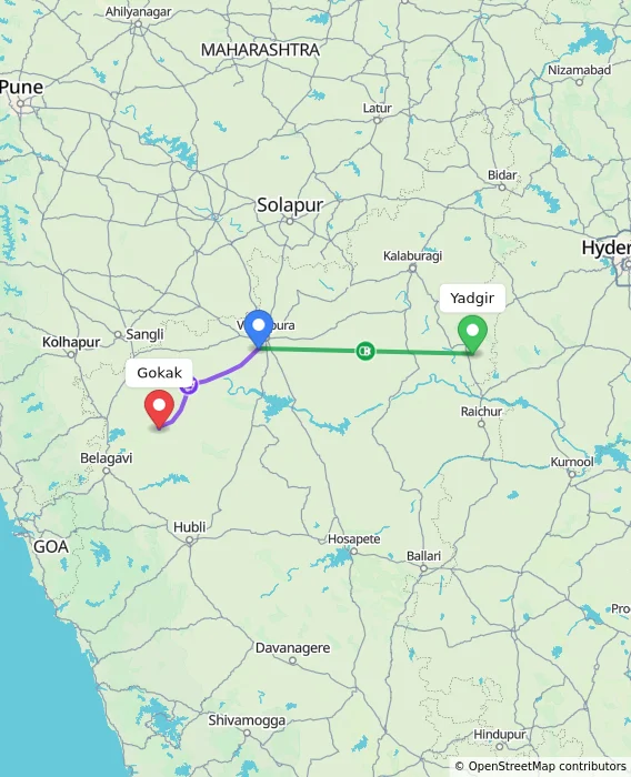 Route map showing distance and travel time from Yadgir, India to Gokak, India