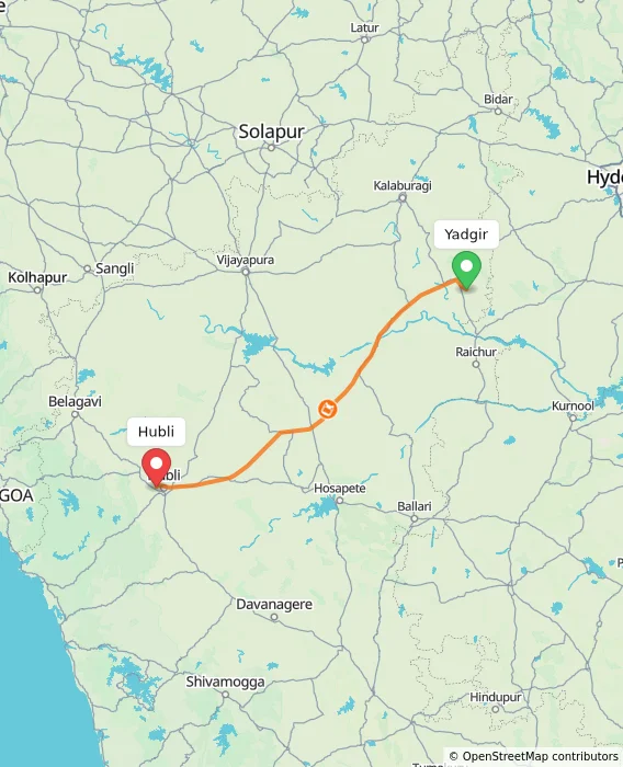 Route map showing distance and travel time from Yadgir, India to Hubli, India