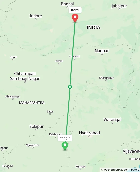 Route map showing distance and travel time from Yadgir, India to Itarsi, India